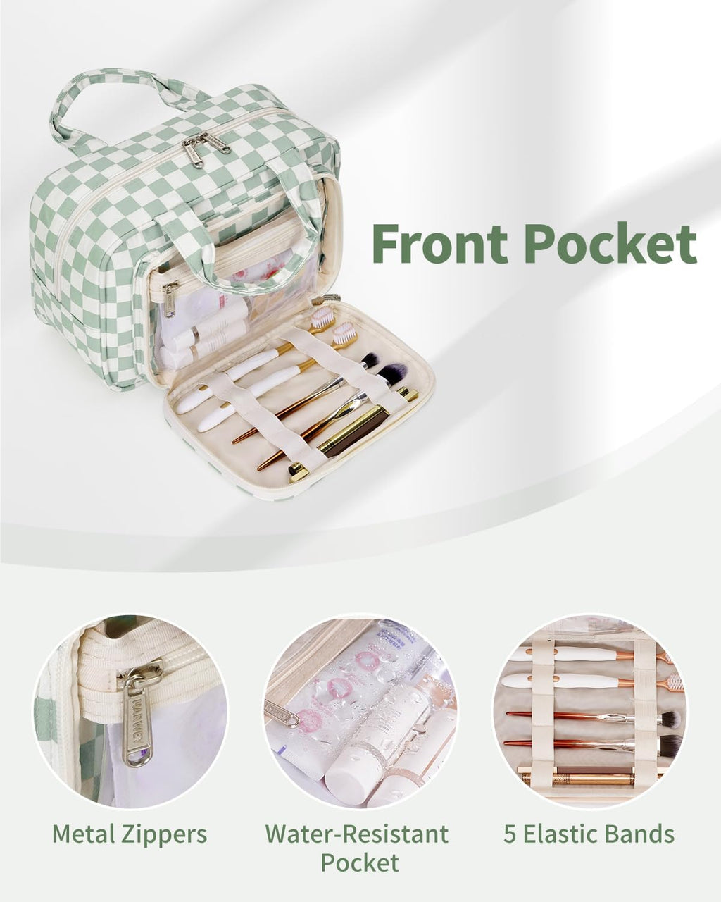 Narwey Large Travel Toiletry Bag for Traveling Women, Cosmetic Makeup Bag Make Up Organizer, Checkered Travel Bag for Toiletries with Handle (Mint Green Checkerboard)