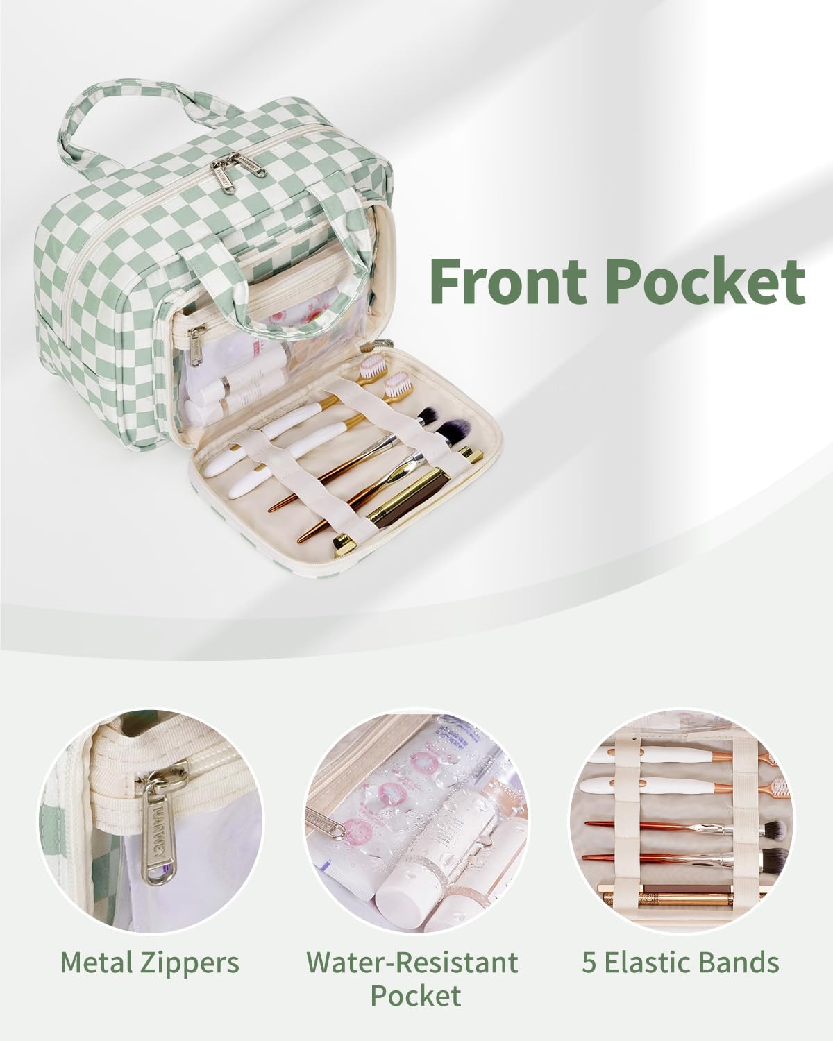 Narwey Large Travel Toiletry Bag for Traveling Women, Cosmetic Makeup Bag Make Up Organizer, Checkered Travel Bag for Toiletries with Handle (Mint Green Checkerboard)