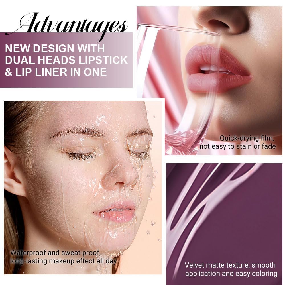 1Pcs 2 in 1 Dark Plum Purple Matte Lip Liner and Liquid Lipstick Stain Makeup Set for women, Purple Long Lasting Smudge Proof Lip Tint Matte Finish Lip Gloss for All-Day Color Hold Easy to Use 01#