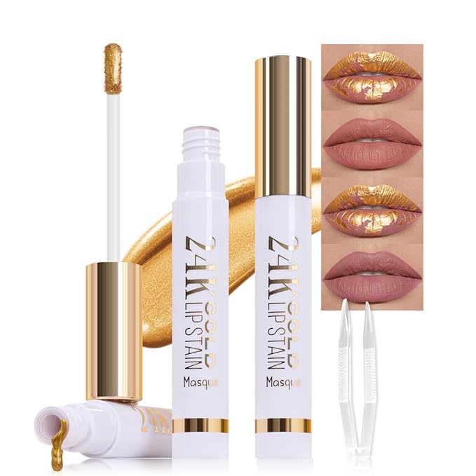2Pcs 2025 New 24K Gold Liquid Lip Gloss Peel Off Lip Stain Tattoo with Tweezer, Lips Stain Peel Off Masque, Long Lasting Waterproof Lip Tint Stain, Transfer-proof for All Skin Types 03#+04#
