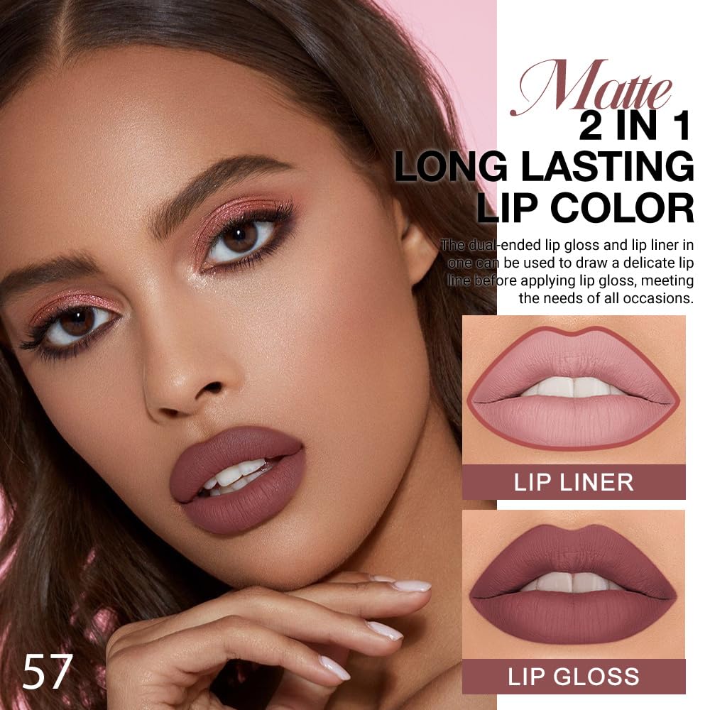 1Pcs 2 in 1 Red Brown Matte Lip Liner and Liquid Lipstick Stain Makeup Set for women, Red Brown Long Lasting Smudge Proof Lip Tint Matte Finish Lip Gloss for All-Day Color Hold Easy to Use 57#