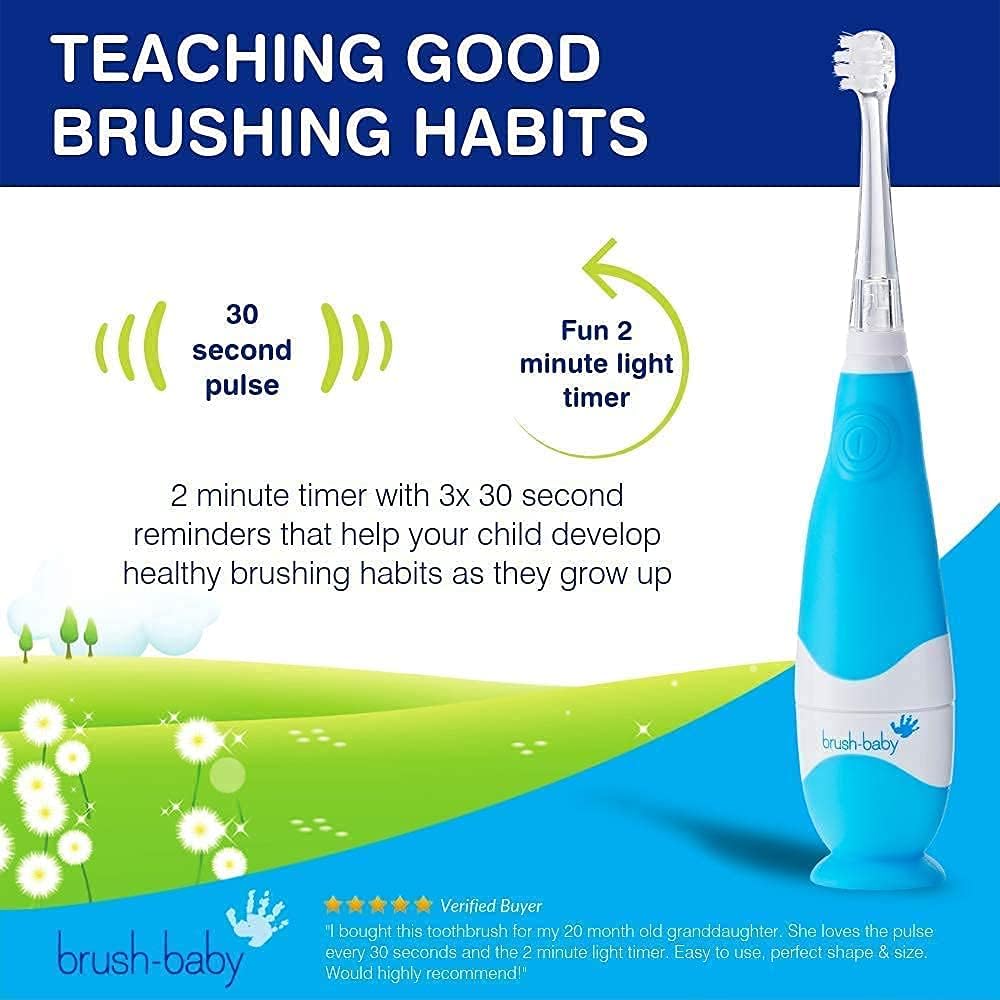 brush-baby - BabySonic Blue Electric Toothbrush, 0-36 Months - Soft, Gentle Vibrating Toothbrush for Sensitive Gums & New Teeth - with LED Light & Suction Base - Baby & Toddler Brush Heads