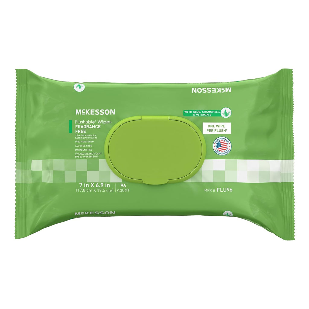 McKesson Flushable* Adult Wet Wipes – 96 Wipes (1 Pack of 96) – Aloe & Vitamin E, Plant-Based Cleansing Wipes, Unscented