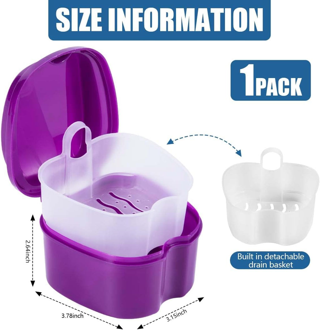 Purple Denture Bath Case Cup Box Holder Storage Soak Container with Strainer Basket for Travel Cleaning