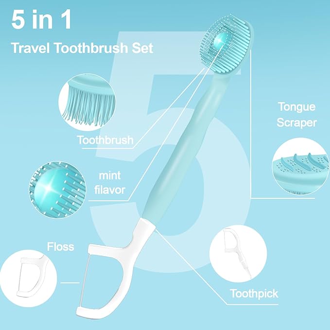 Mini Brushes-Disposable Toothbrushes with Toothpaste+Tongue Scraper+Toothpick+Floss 5 in 1 Prepasted Toothbrush Individually Wrapped for Work or Travel 28 pcs (Watermelon)