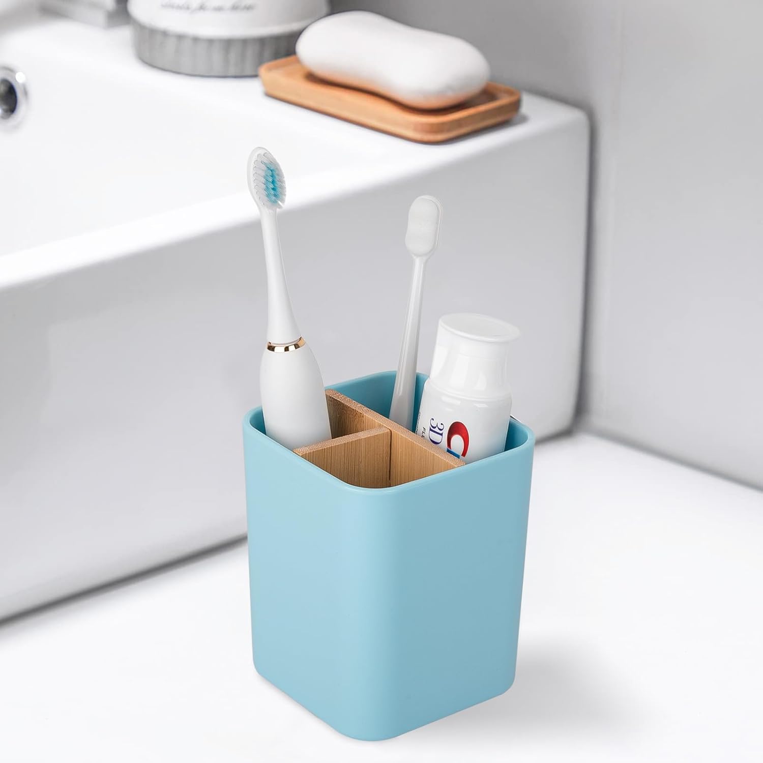 Bamboo Toothbrush Holder for Bathrooms, 3 Slots Toothbrush and Toothpaste Holder Bathroom Counter Organizer for Electric Toothbrushes, Floss, Razors - Blue