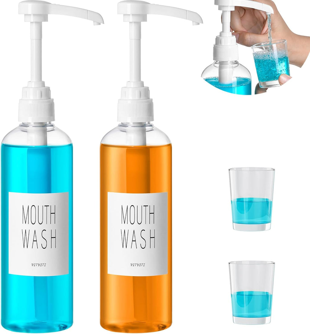 VITVITI Plastic Mouthwash Dispenser for Bathroom, 17 OZ Pump Mouth Wash Container Bottle with Cup, Clear Refillable Mouthwash Dispenser with Labels, Set of 2