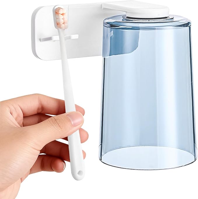 Toothbrush Organizer - Mouthwash Cup Set, Wall Mounted Toothbrush Storage, Bathroom Fixture with Compact Mount Design, Hygiene Rack for Home Apartment Dorm Office Hotel RV