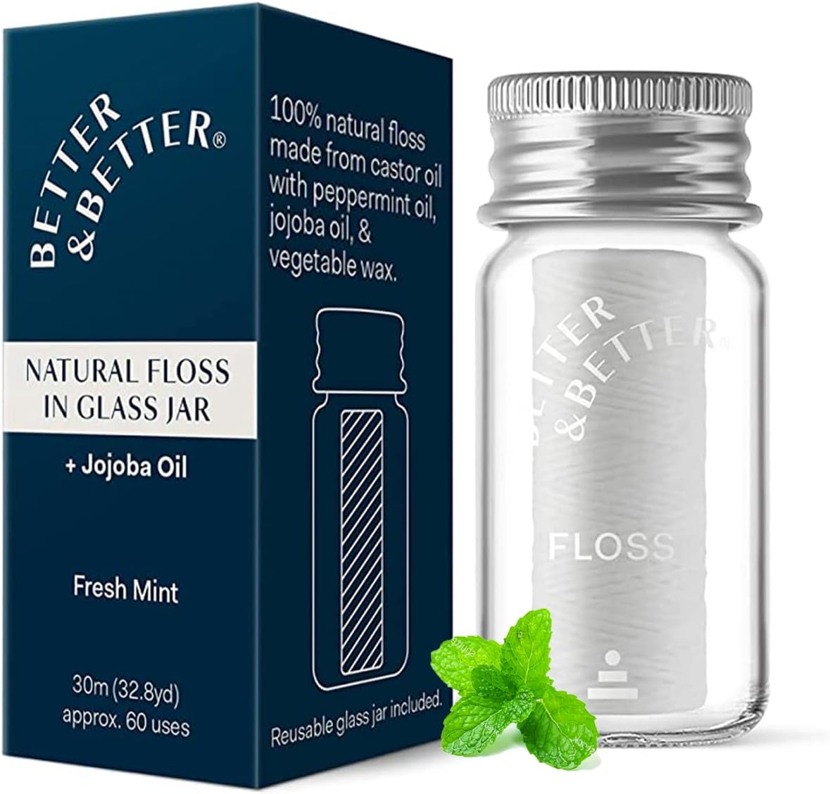Better & Better Natural Floss in Refillable Glass Jar | Waxed & Zero Plastic Oral Care - 100% Plant-Based, Vegan, Eco and Non Toxic Dental Floss, 1 Spool