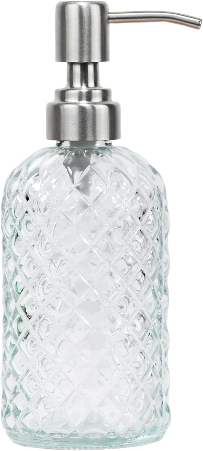 16 oz Diamond Pattern Glass Soap Dispenser, Kitchen and Bathroom Refillable Soap Dispenser with Rust Resistant Stainless Steel Pump for Hand Soap, Lotion Glass Liquid Dispenser (Clear)