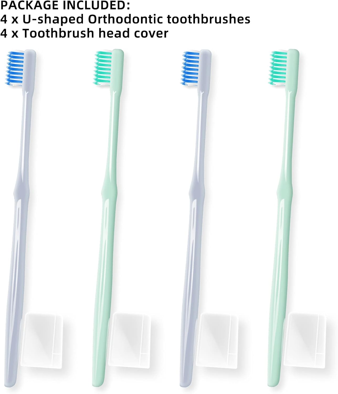 Y-Kelin 4 Pcs U-Shaped Orthodontic Toothbrush Soft Bristle with 4 Toothbrush Head Cover for Orthodontic People Effective Cleaning Teeth