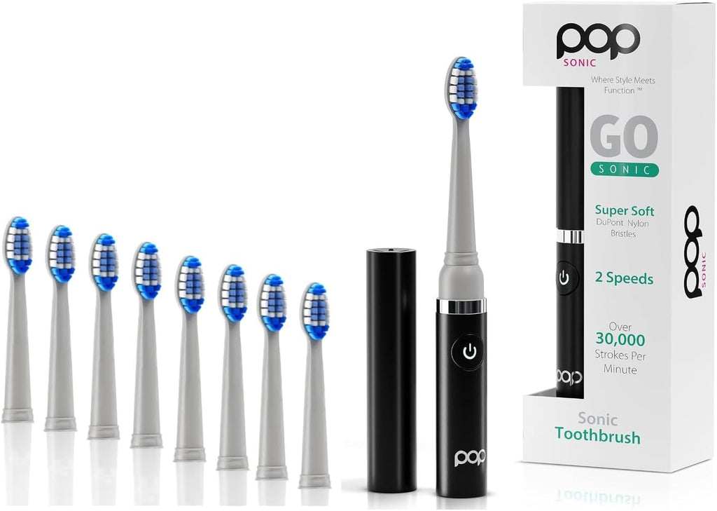 Pop Sonic Electric Toothbrush (Black + 8 Brush Heads) - Travel Toothbrushes w/AAA Battery | Kids Electric Toothbrushes with 2 Speed & 15,000-30,000 Strokes/Minute, Dupont Nylon Bristles