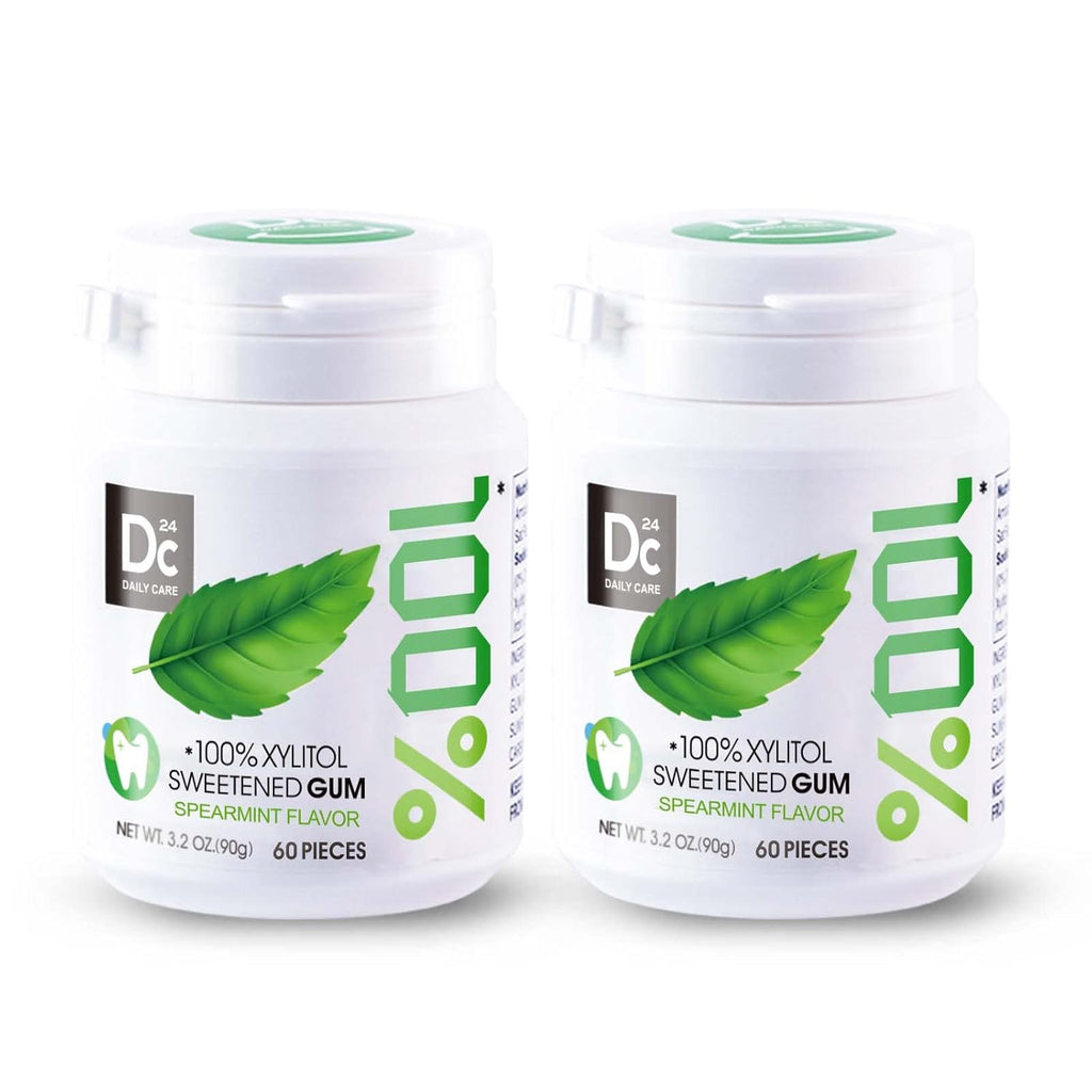 DC24 DAILY CARE 100% Xylitol Gum, No Aspartame, Sugar Free Chewing Gum, Natural Spearmint Flavor, Gluten Free, Vegan, 60 Pieces, Pack of 2