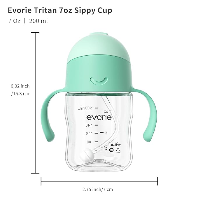 Evorie Tritan Weighted Straw Sippy Cup with Handles for Baby and Toddlers, Spill Proof Baby Water Bottle with Straw for 6 months and up, 7 Oz, Infant Training Water Bottle (Mint)