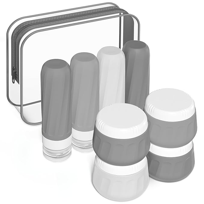 Travel Bottles for Toiletries 8 Pack, Travel Size Toiletries, Tsa Approved Travel Size Containers 3oz, with Travel Essentials Clear Bag, Leak Proof Silicone Squeezable Creams Jars