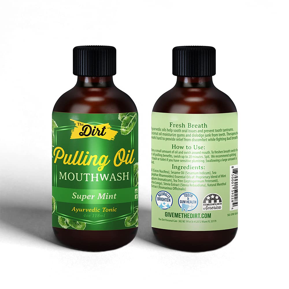 THE DIRT Oil Pulling Mouthwash - Gluten Free - Removes Plaque, Tartar, Bad Breath & Whitens Teeth (Super Mint, 4 Ounce)