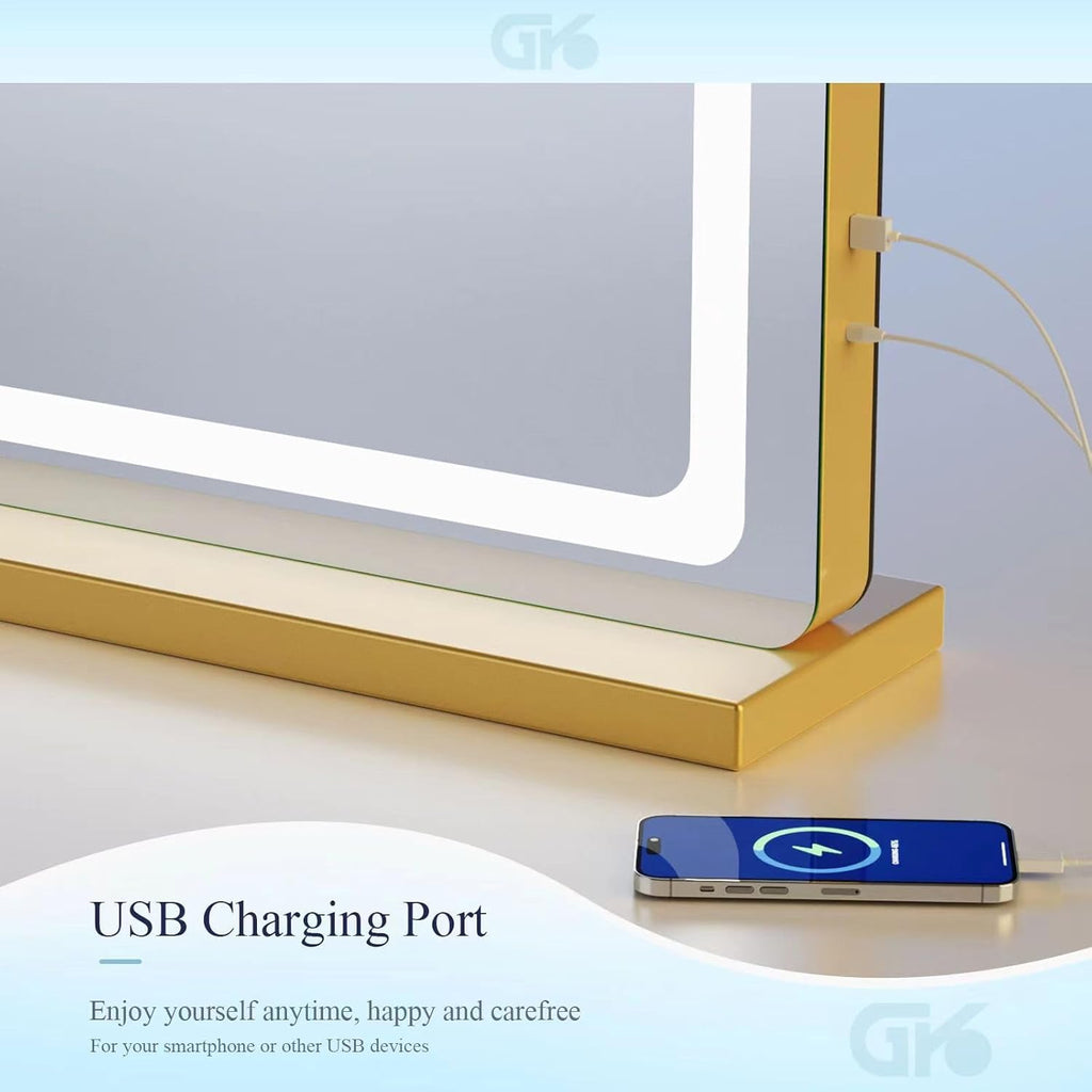 Makeup Vanity Mirror with USB Charging Port 32" x 24" Large LED Makeup Mirror, Desk Mirorr with Lights, Light up Mirror with 10X Magnification and, Dimmable 3 Modes, Touch Screen Control