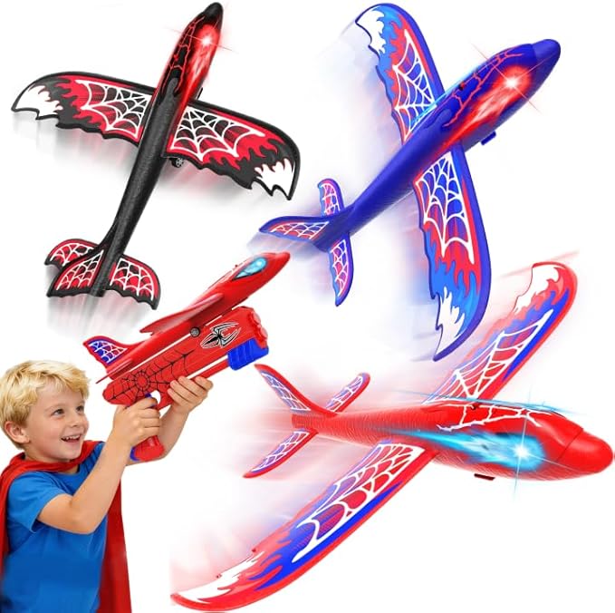 3 Pack Airplane Launcher Toy with Glowing Eyes & Web-Pattern Wings,2 Flight Modes Outdoor Games for Kids,Boys Toys Age 3-12,Birthday Gifts for 3 4 5 6 7 8 9 10 11 12 Year Old,Kids Gift(Red&Blue&Black)
