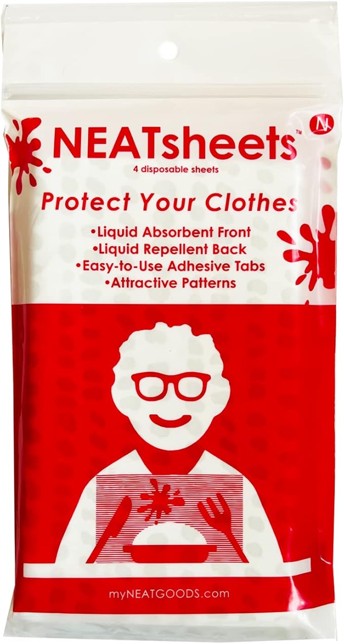 Disposable Bibs for Adults, Kids & Seniors | Adhesive Tab Napkins for Eating, Personal Use, Travel & Commuting | Spill Absorbent, Stain/Liquid Repellent | Grey Dot, 4 Count