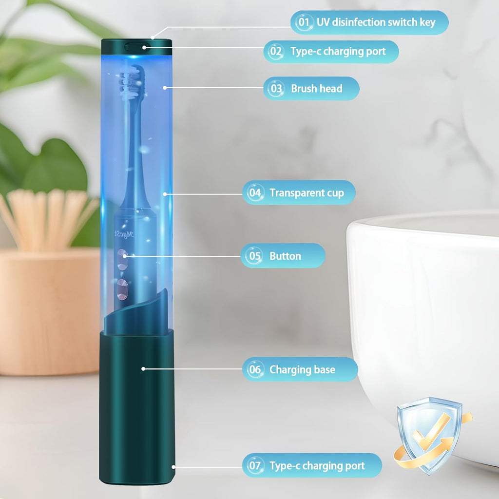 Electric Toothbrush w UV Sanitizer Cup - 4 Modes and 3-Speed Switching - Powerful Toothbrush - 48,000 VPM Motor and Wireless Charging w Smart Timer (Green)