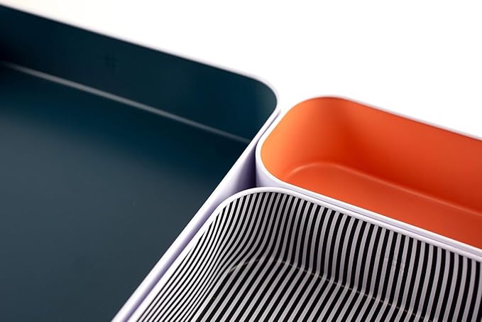 Three by Three Seattle 6 Piece Metal Organizer Tray Set for Storing Makeup, Stationery, Utensils, and More in Office Desk, Kitchen and Bathroom Drawers (2 Inch, Berry, Sunset, Blue, Stripes)