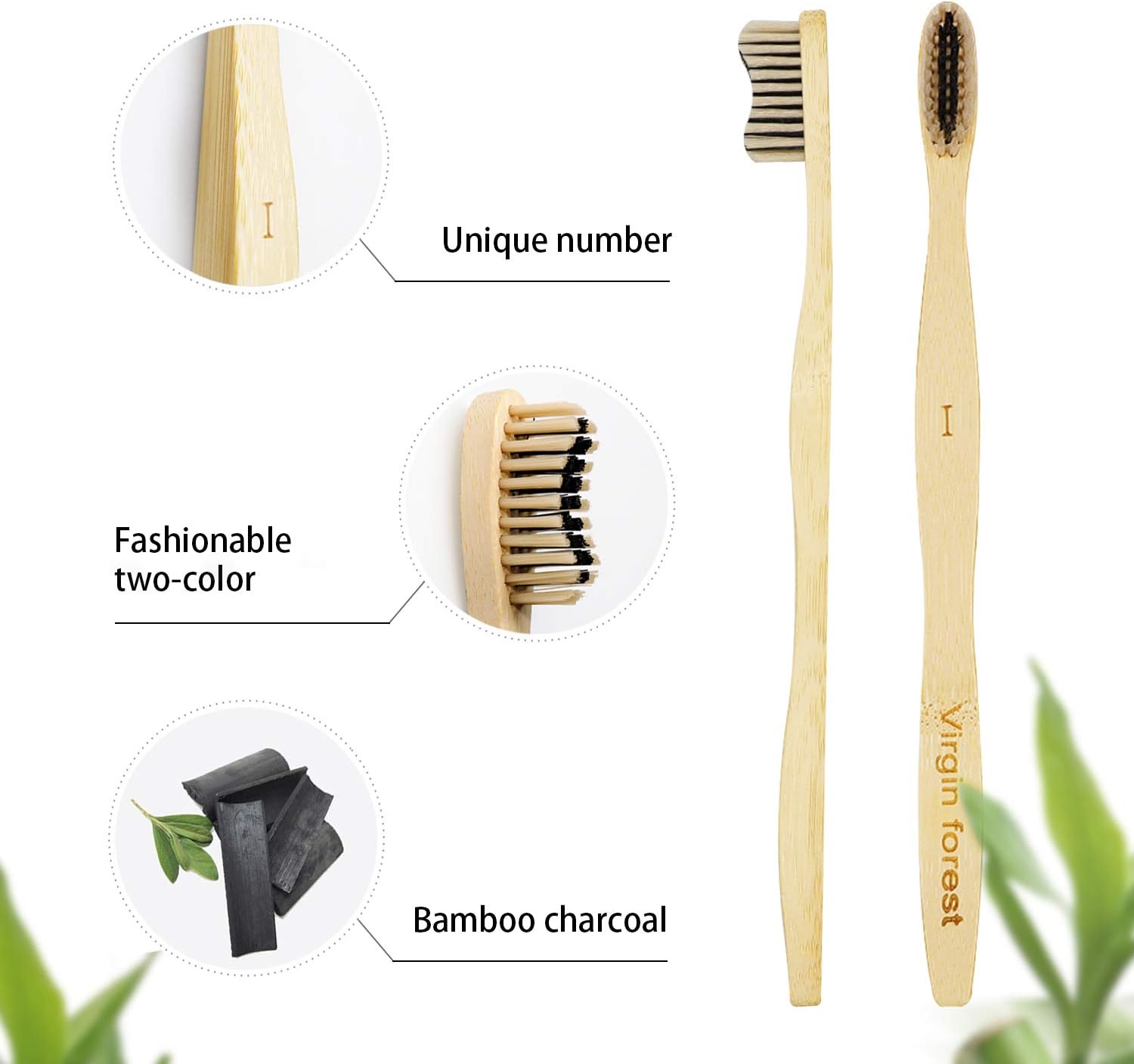 Virgin Forest Bamboo Toothbrush, Biodegradable Soft Bristles Toothbrushes, Wooden Toothbrush with Wave-Shaped Two-Color Bristles and Larger Thicker Handle (6 Pcs)