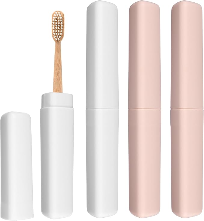 uxcell 4Pcs Travel Toothbrush Case, 8.27 x 1.38 Portable Travel Toothbrush Holder, Plastic Toothpaste Container for Bathroom, Gym, Business Trip, Camping, Pink/Beige
