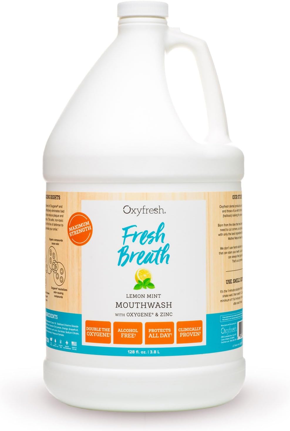 Oxyfresh Lemon Mint Fresh Breath Mouthwash – Bad Breath Treatment – SLS & Fluoride Free – Alcohol Free, Gentle Nonburning with Xylitol & Essential Oils – Pro Size Gallon 128 oz