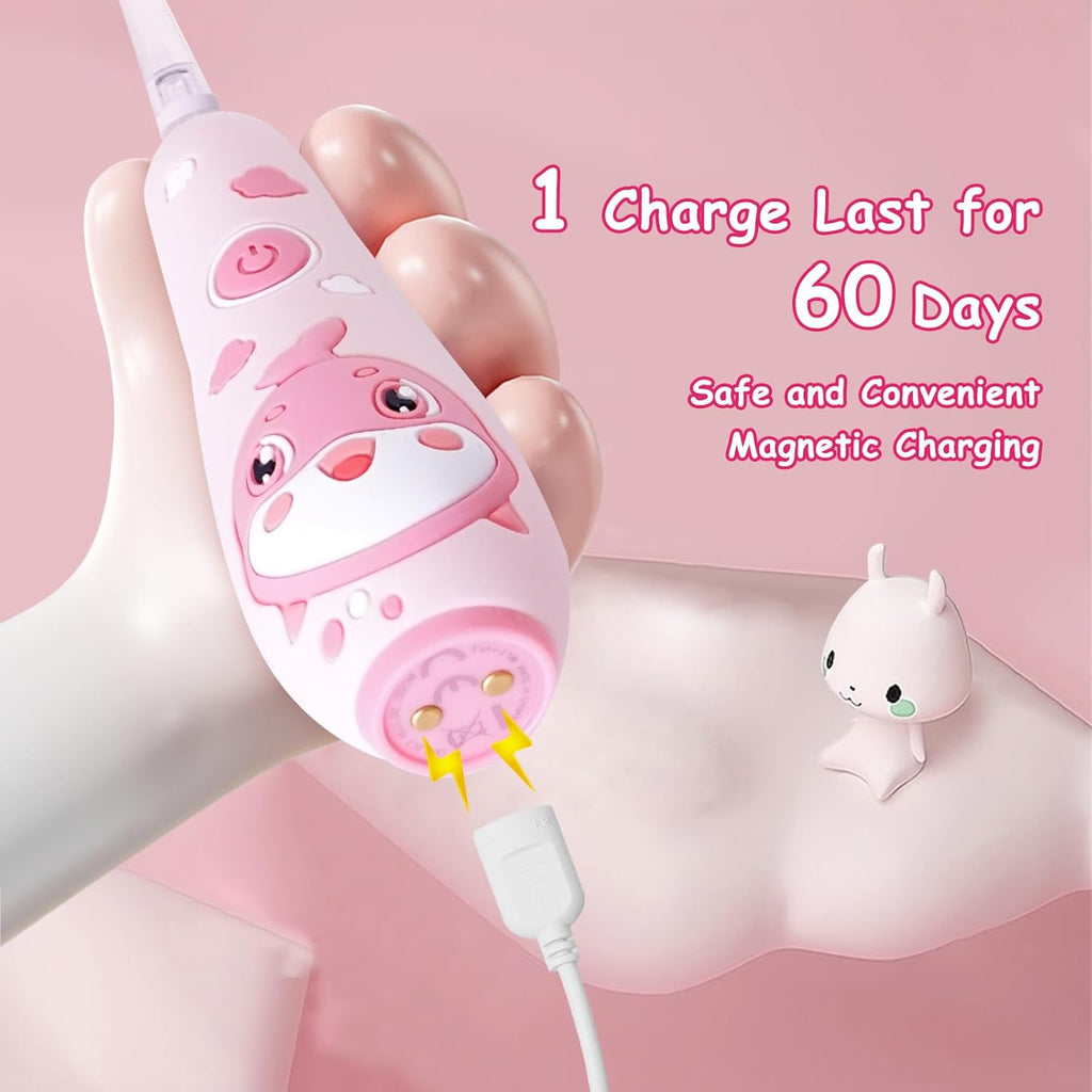 teeteck Electric Toothbrush for Kids - Toddler Electric Toothbrush with Magnetic Charging, Includes 2 Brush Heads, Magnetic USB Charging Cable for Ages 1-6 Boys Girls (Pink)