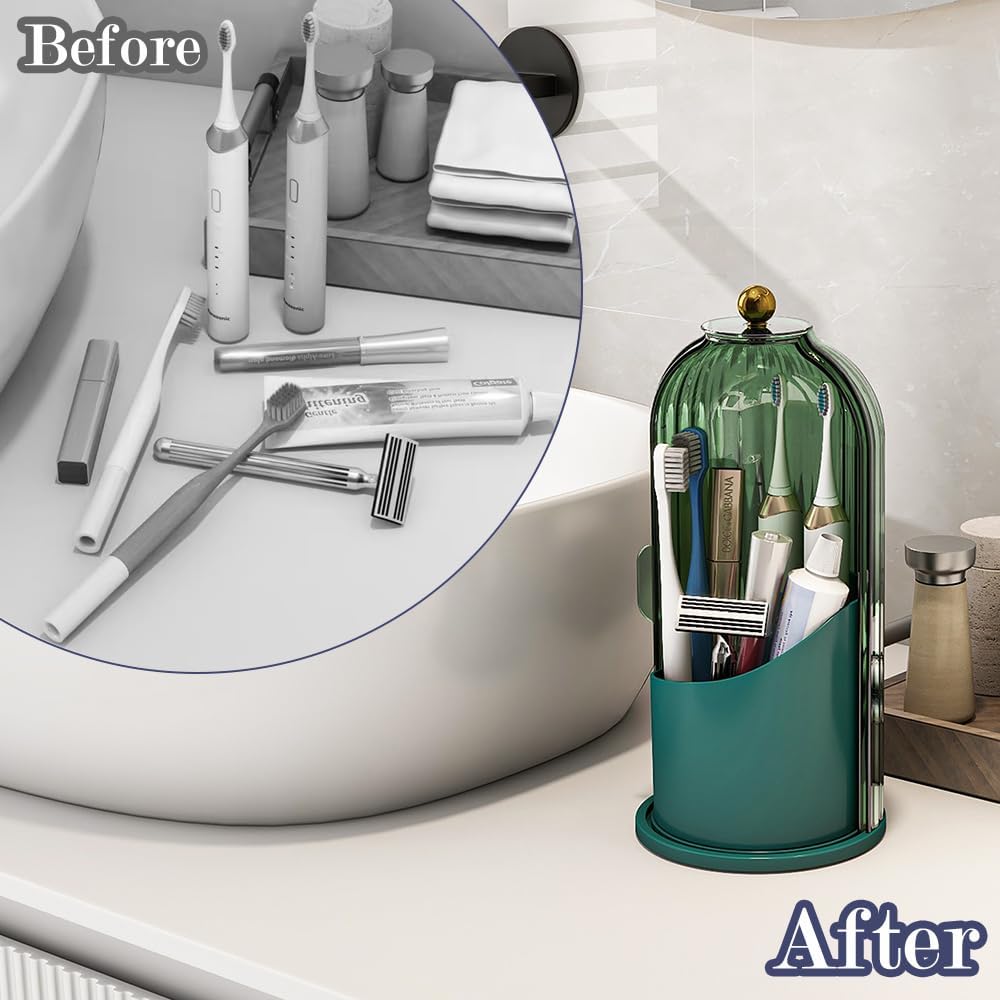 Dustproof Toothbrush Holders with Cover, Rotating Electric Toothbrush and Toothpaste Holder for Bathroom Countertop, 3 Slots Makeup Brushes Organizer, All Green