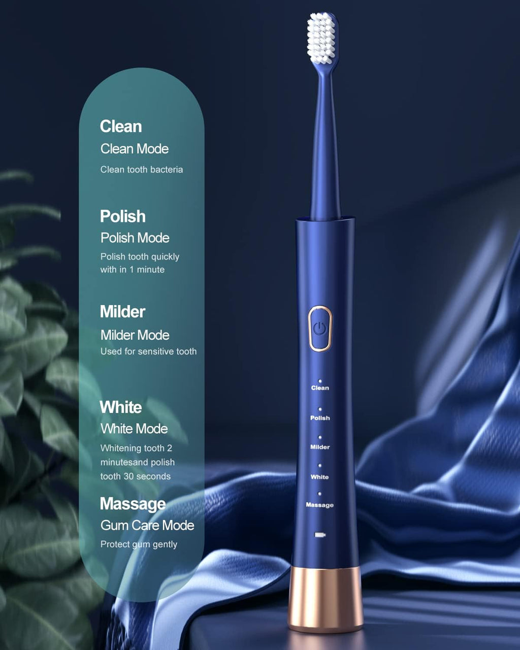 IPX7 Waterproof Sonicare Electric Toothbrush, 2-Hour Fast Charge with Intelligent Time Reminder, 5 Modes, 8 Brush Heads, Travel, Indoor, Outdoor, Blue