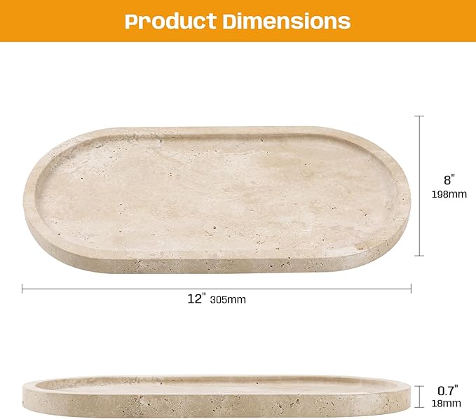 2 Pcs Travertine Tray, Oval Stone Tray for Bathroom Storage Home Decor, 12 x 6 Inch