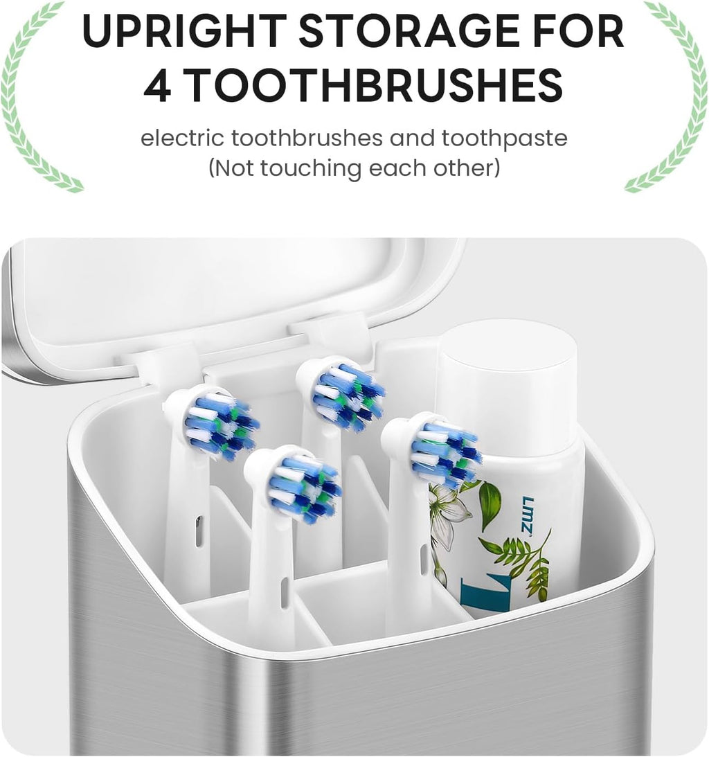 Toothbrush Holders with Cover - Electric Toothbrush Length Less Than 9 inches, 5 Slots Tooth Brush Holder for Bathroom, Detachable Toothpaste Holder Bathroom Organizers with Drainage, Silver