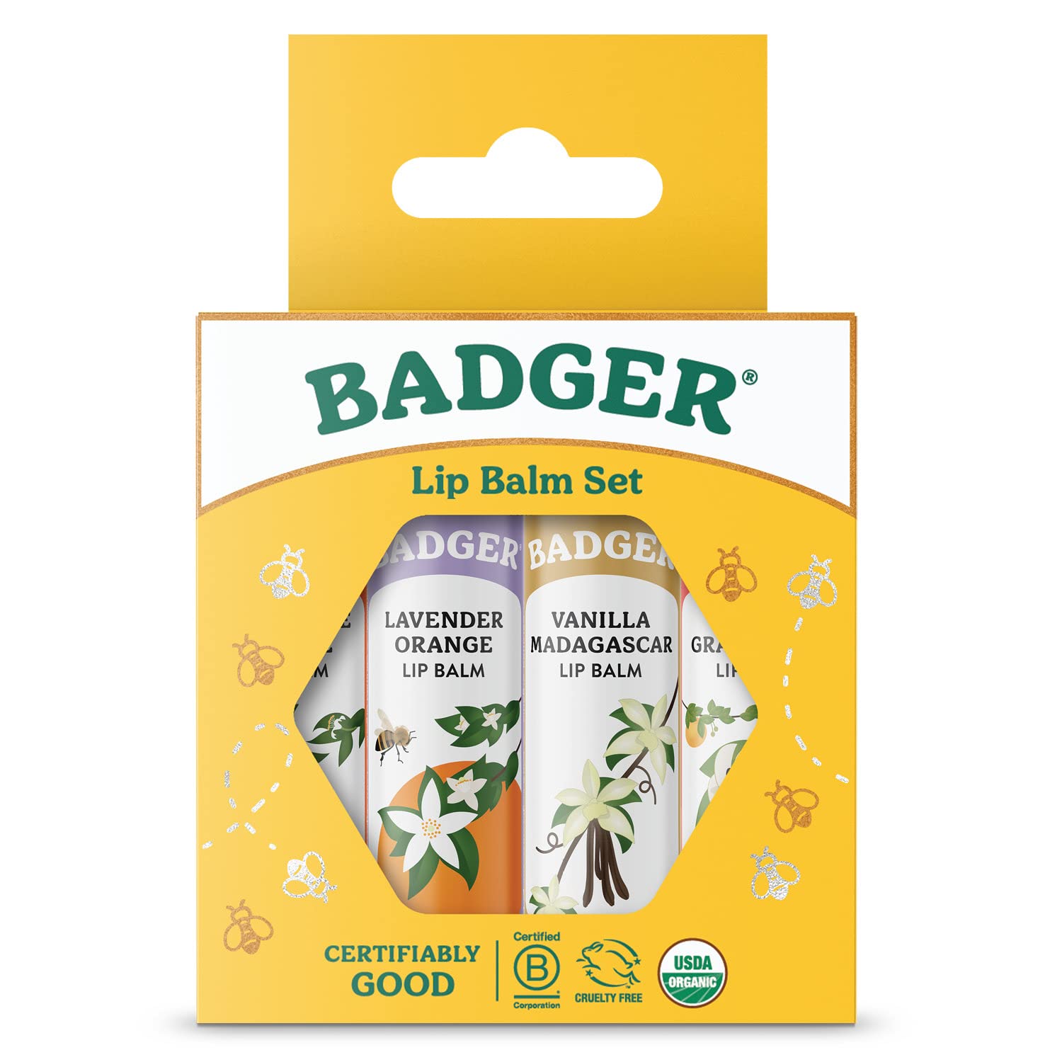 Badger Classic Organic Lip Balm Set - Yellow Box, Light Silky Long Lasting Lip Moisturizer Gift Set, All Natural Lip Balm Variety Pack Lip Set (Tangerine, Lavender Orange, Vanilla, Grapefruit), 4 pack