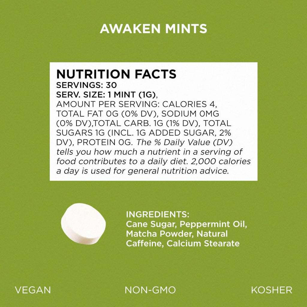 SIMPLY Mints | Caffeinated Breath Mints- Awaken (Caffeine + Peppermint + Matcha) | Pack of Six (180 Pieces Total) | Microdose Caffeine + Breath Freshening + Aspartame-Free + Vegan + non-GMO
