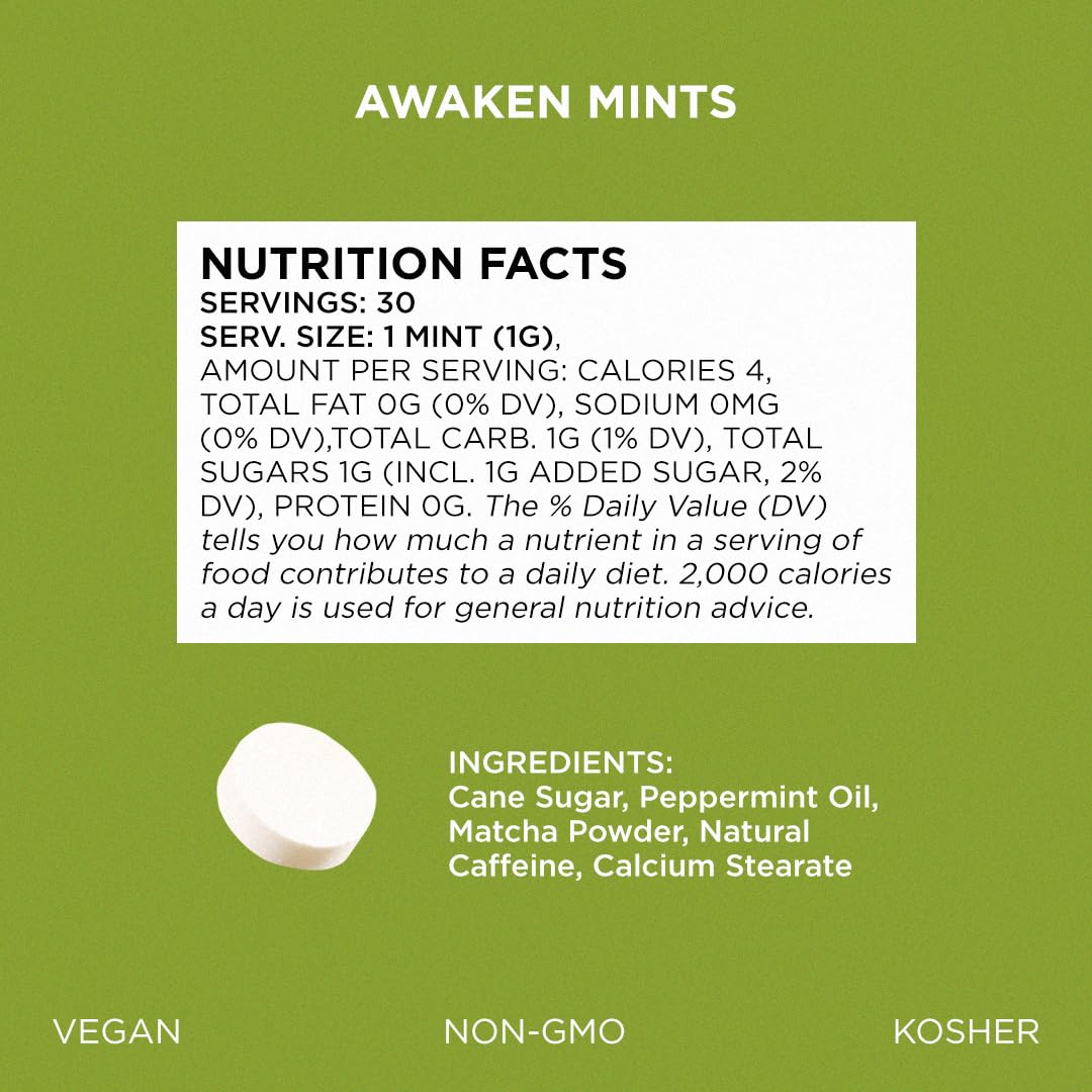 SIMPLY Mints | Caffeinated Breath Mints- Awaken (Caffeine + Peppermint + Matcha) | Pack of Six (180 Pieces Total) | Microdose Caffeine + Breath Freshening + Aspartame-Free + Vegan + non-GMO