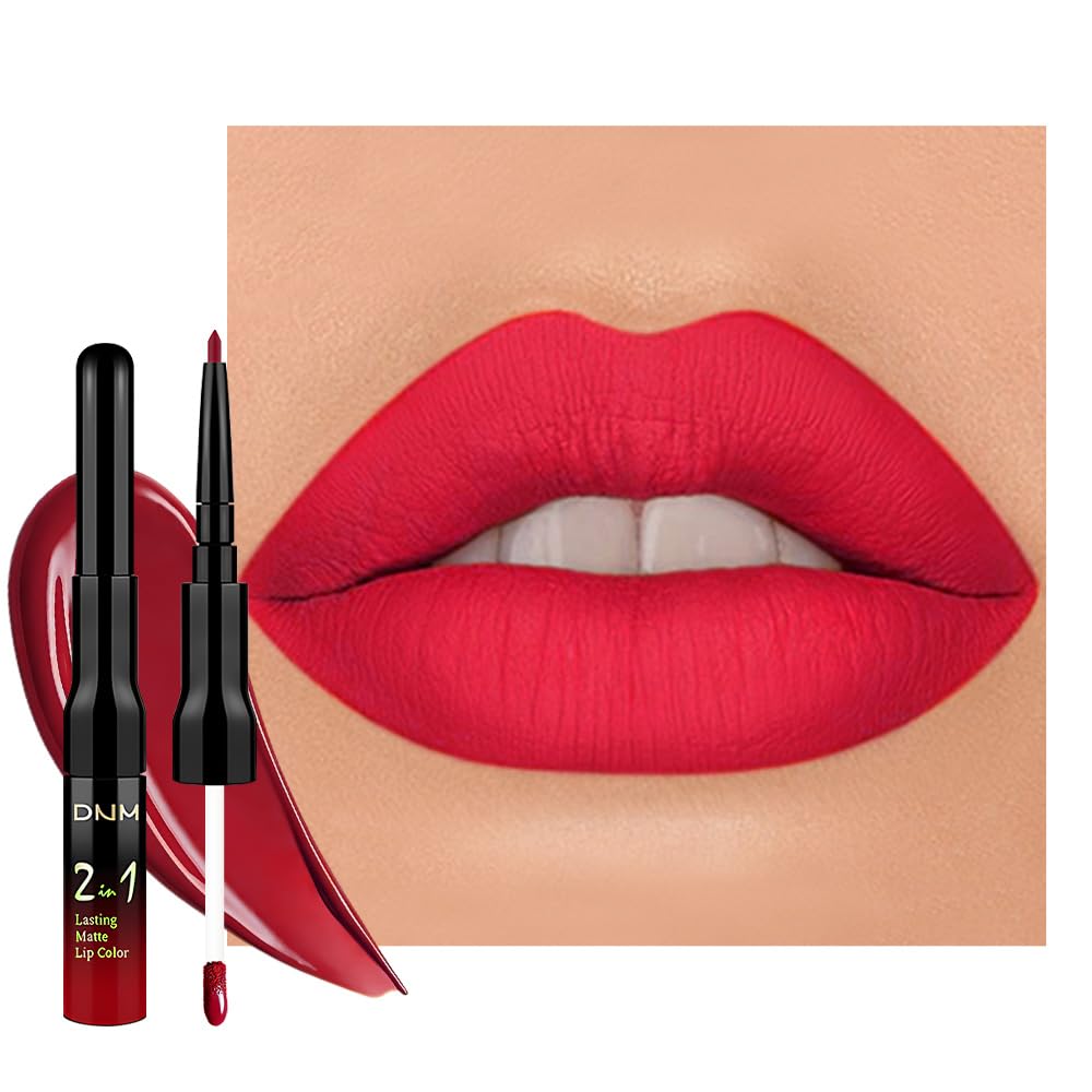 1Pcs 2 in 1 Fire Red Matte Lip Liner and Liquid Lipstick Stain Makeup Set for women, Fire Red Long Lasting Smudge Proof Lip Tint Matte Finish Lip Gloss for All-Day Color Hold Easy to Use 64#