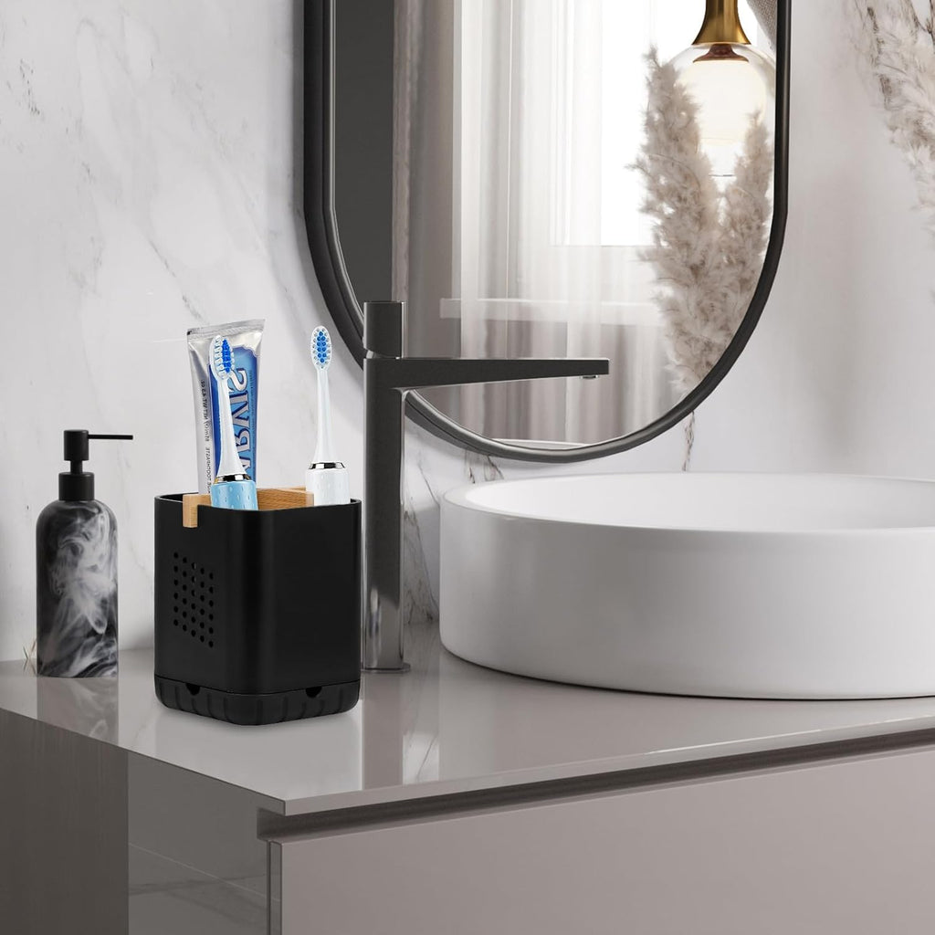 Boperzi Black Toothbrush Holders for Bathroom, Electric Toothbrush Holder with Bamboo Divider, Detachable Anti-Slip Toothbrush and Razor Holder Drainage for Shower, Toothbrush Organizer and Storage