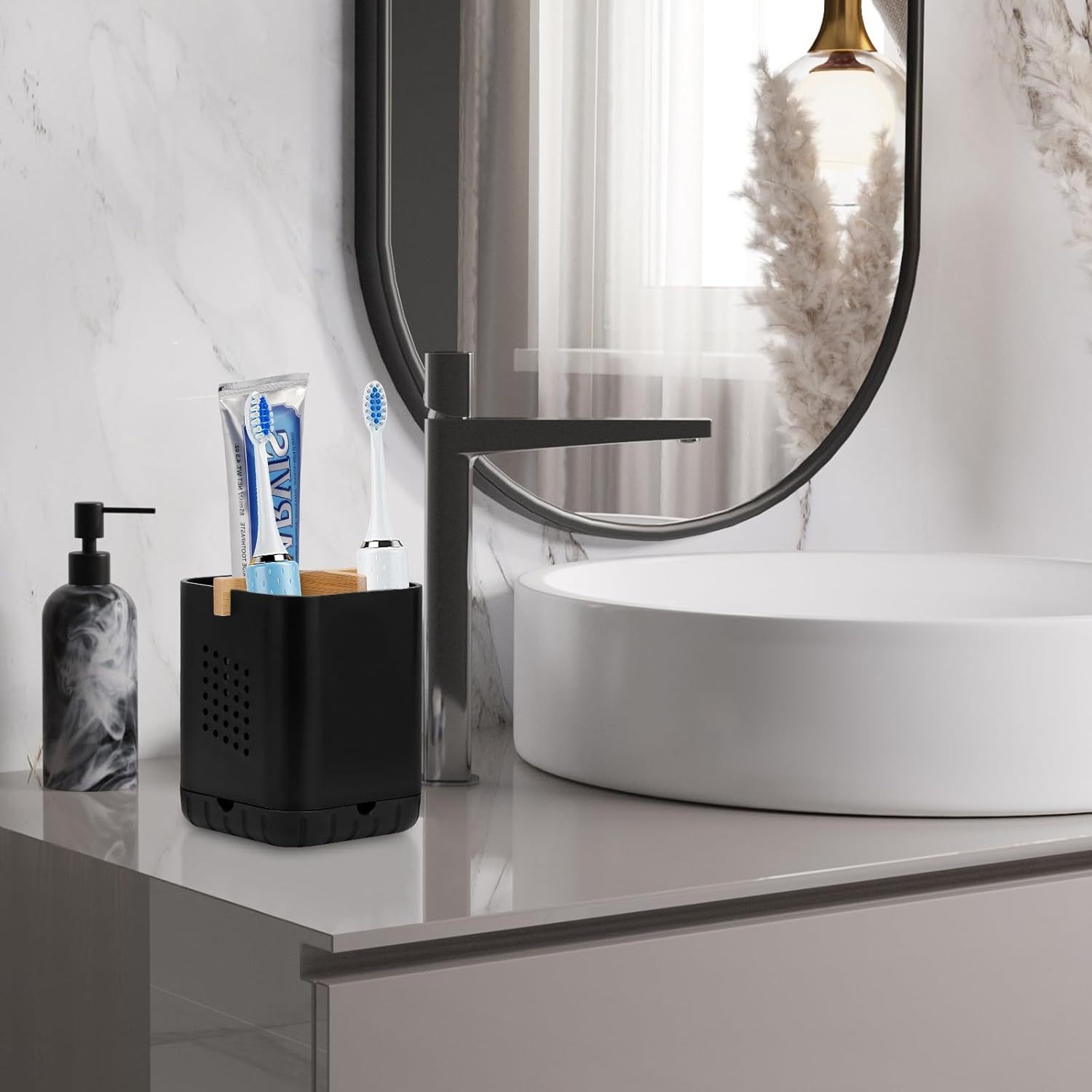 Boperzi Black Toothbrush Holders for Bathroom, Electric Toothbrush Holder with Bamboo Divider, Detachable Anti-Slip Toothbrush and Razor Holder Drainage for Shower, Toothbrush Organizer and Storage