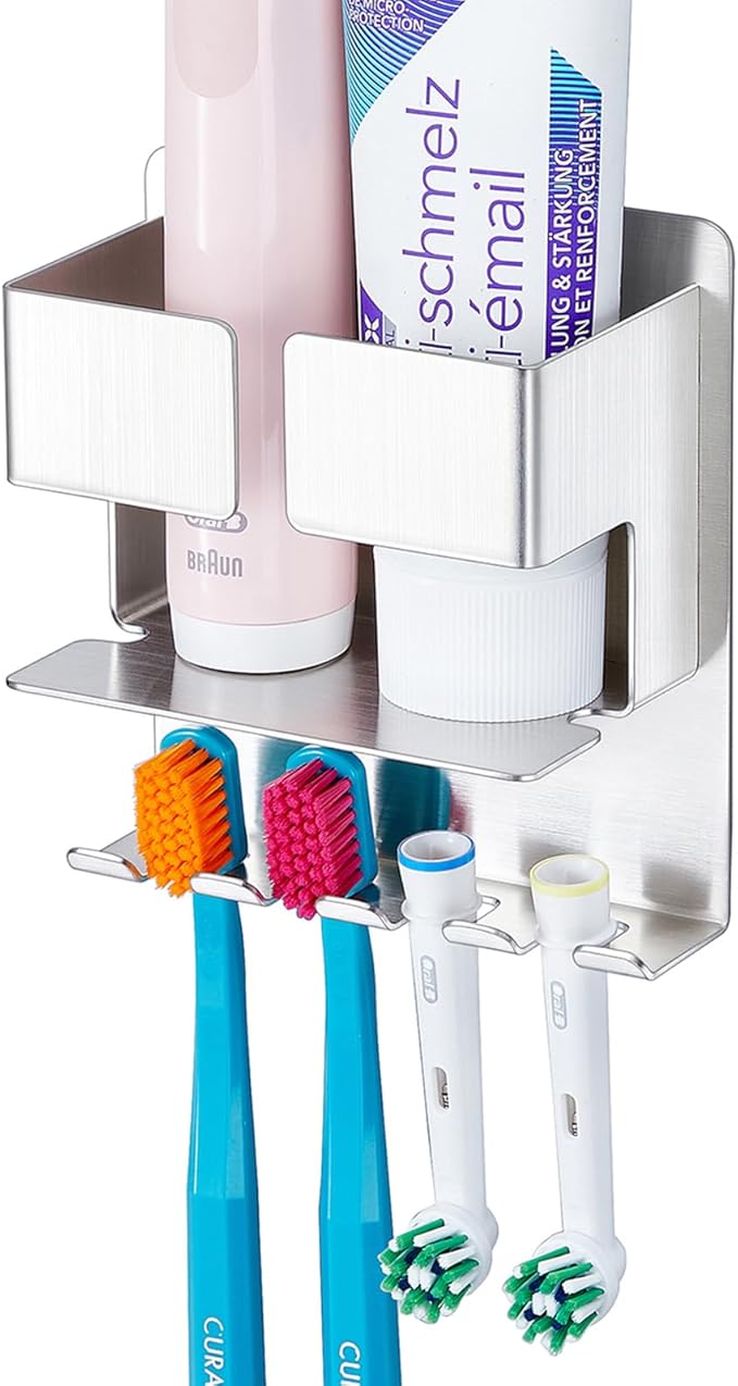 Toothbrush Holder, Electric Toothbrush Head Holder, Stainless Steel Brushed Toothpaste & Razor Organizer, Adhesive Mounted for Shower Bathrooms