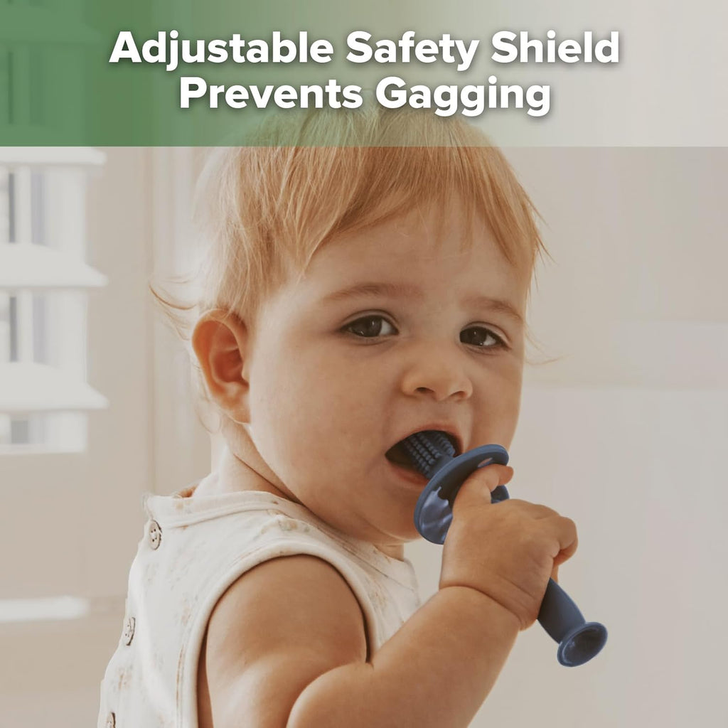 haakaa 360° Baby Toothbrush with Suction Base - Gentle Cleaning for Infant Self-Brushing Training, Food-Grade Silicone, Adjustable Safety Shield - Steel Blue (1 Piece)