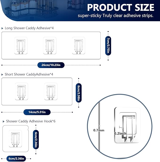 14 Pack Shower Caddy Replacement, Strong Adhesive Flat Hooks, Clear Waterproof Shower Shelf Strips for No Drilling Bathroom Storage Shelves, Soap Holder, and Kitchen Racks