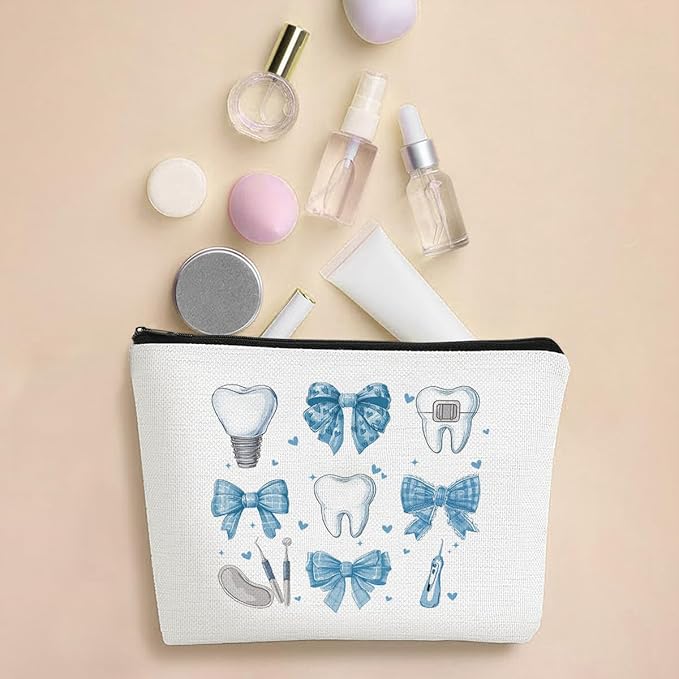 Dental Hygienist Makeup Bag, Dental Gifts for Women, Dental Assistant Cosmetic Pouch, Waterproof Linen Dental Hygiene Gifts, Dentist Appreciation Travel Organizer Bag