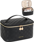 Prite Makeup Bag Portable Cosmetic Organizer with Brush Holder Waterproof Travel Toiletry Bag for Women with Handle and Divider (Checkered Black)