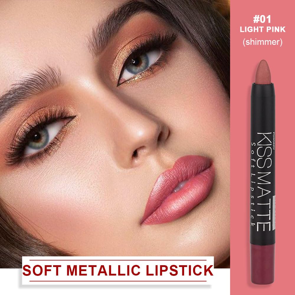 evpct 1Pcs Light Pink Metallic Lipstick and Lip Crayon Liner Pencil Pen Set for Women Lip Stain Long Lasting Waterproof labiales mate magicos 24 horas originales pintalabios permanente 24 horas 01