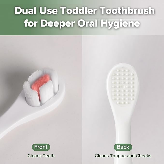 haakaa Dinosaur Toothbrush for Kids 2-4 – Soft Bristles Baby Toothbrush with Silicone Handle, Non-Slip Grip & Tongue Cleaner | BPA-Free, Fun Training for Toddlers - Pink, 2 Counts