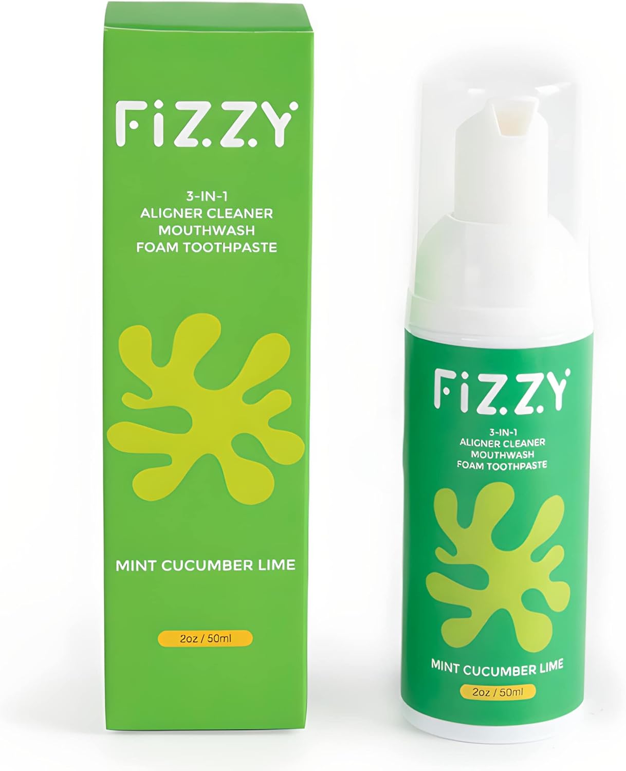 Fizzy 3-in-1 Foam Cleaner for Aligner, Retainer, Denture, Night Guard, MouthGuard, Invisalign | Free of Alcohol, SLS, Fluoride | Xylitol Mouthwash & Foam Toothpaste| Travel-Size, Mint Cucumber