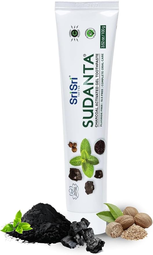 Sri Sri Tattva Sudanta Charcoal Toothpaste Gel – SLS, Fluoride Free Herbal Toothpaste with Neem & Ayurvedic Herbs – Natural Teeth Whitening, Fresh Breath, Oral & Gum Health – 100g Tube (Pack of 4)