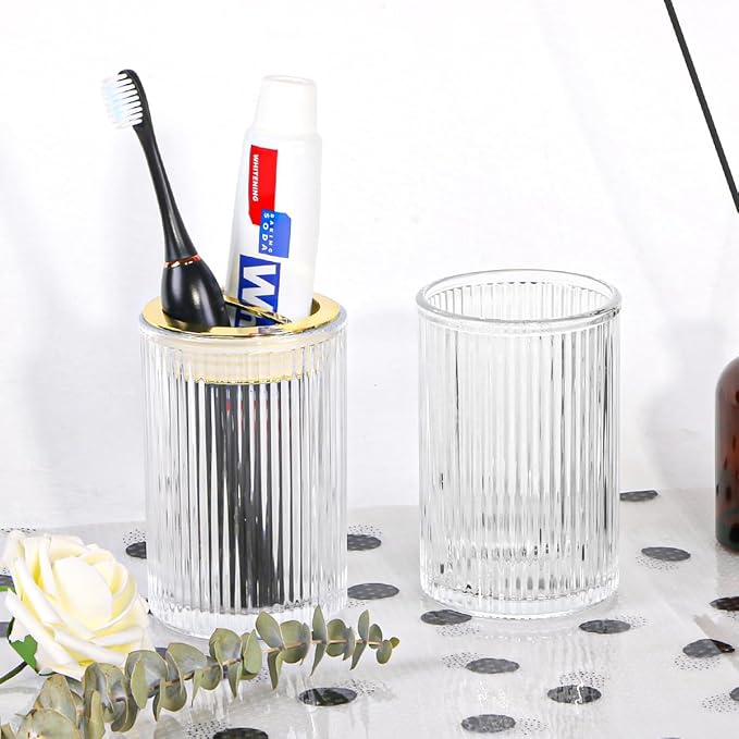 Toothbrush Holders for Bathrooms, 2pcs Glass Toothbrush Holder, 12oz Bathroom Tumbler and Mouthwash Cup, Tooth Brush and Toothpaste Organizer for Bathroom Vanity Countertop (Clear Gold)
