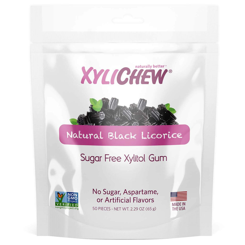 Xylichew 100% Xylitol Chewing Gum - Non GMO, Non Aspartame, Gluten Free, and Sugar Free Gum - Natural Oral Care, Relieves Bad Breath and Dry Mouth - Licorice, 50 Count